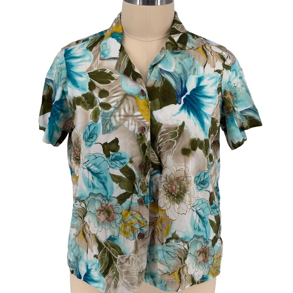 Caribbean Joe Shirt Teal Floral Tropical 100% Rayon 1X